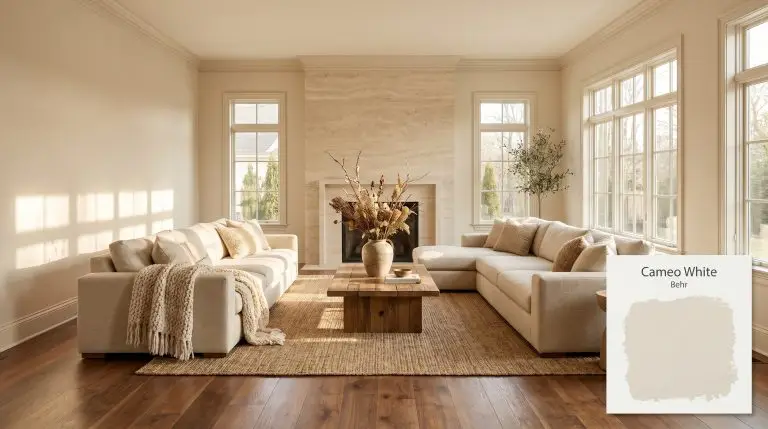 A sunlit expansive living room painted in Behr Cameo White (Hex #ebe8e2) featuring medium-toned walnut floors, a matte travertine fireplace, and a natural linen sectional.