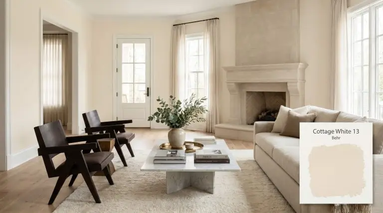 A wide architectural shot of a living room painted in Behr Cottage White 13 (Hex #f3e9d6), featuring matte oak floors, a limestone fireplace, and neutral linen seating.
