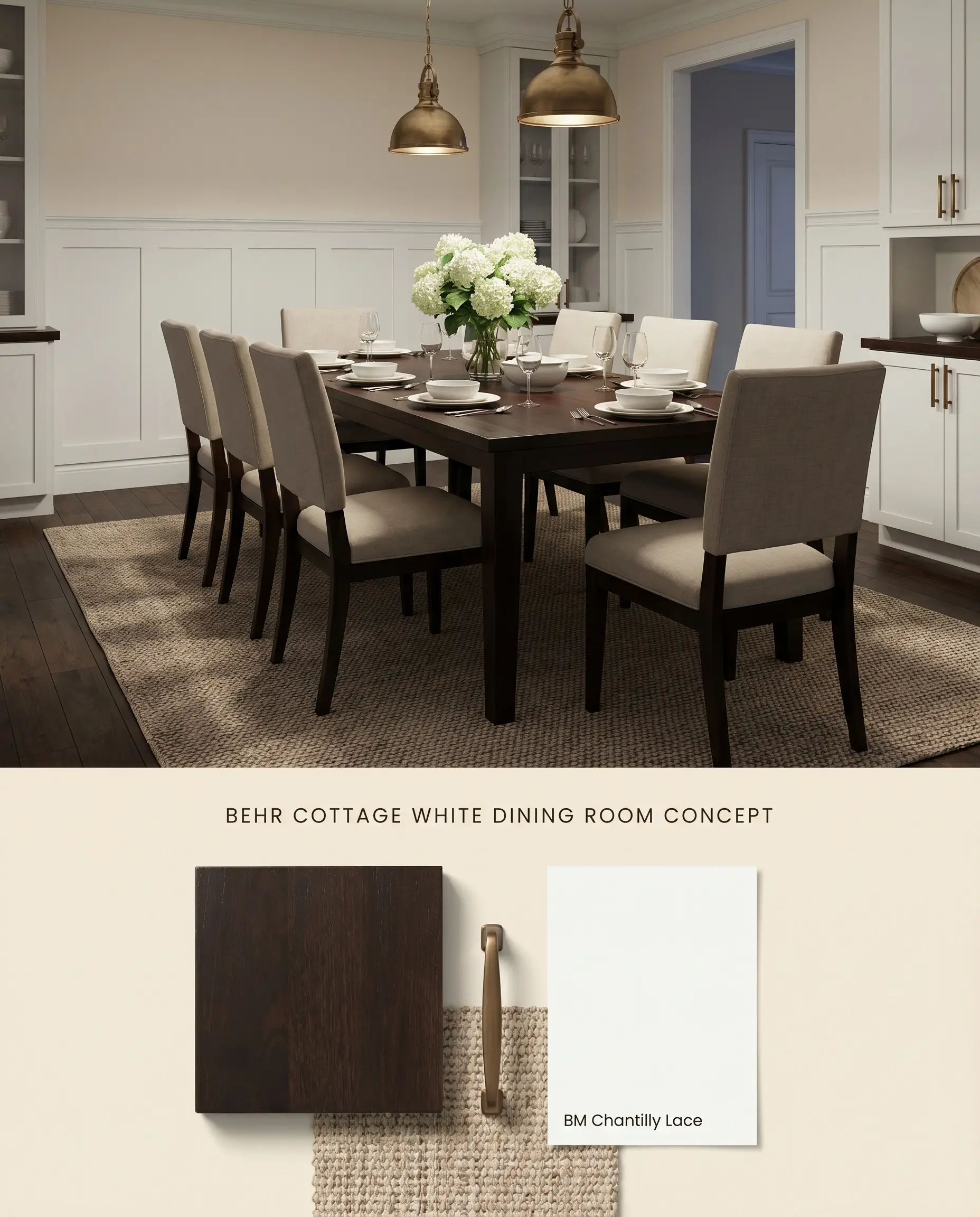 A split digital conceptual board for a formal dining room, contrasting luminous neutral upper walls with crisp wainscoting above espresso mahogany and woven rug textures.