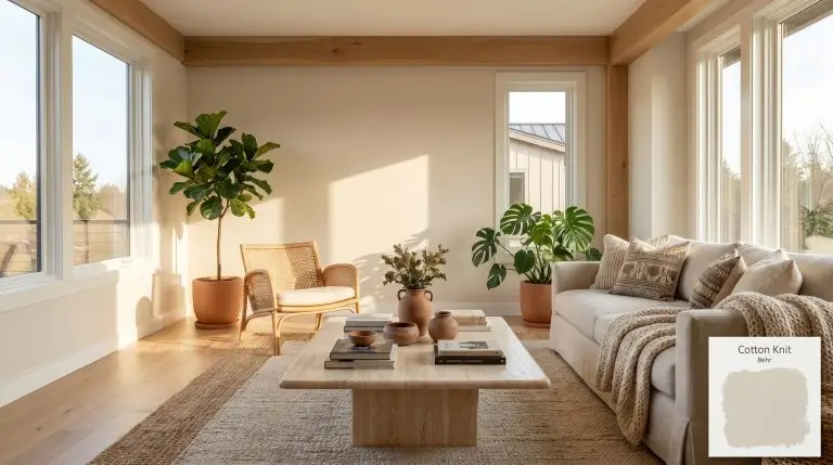 An elevated modern boho living room painted in Behr Cotton Knit (Hex #e5dfd2) featuring a tumbled travertine coffee table and raw white oak flooring.
