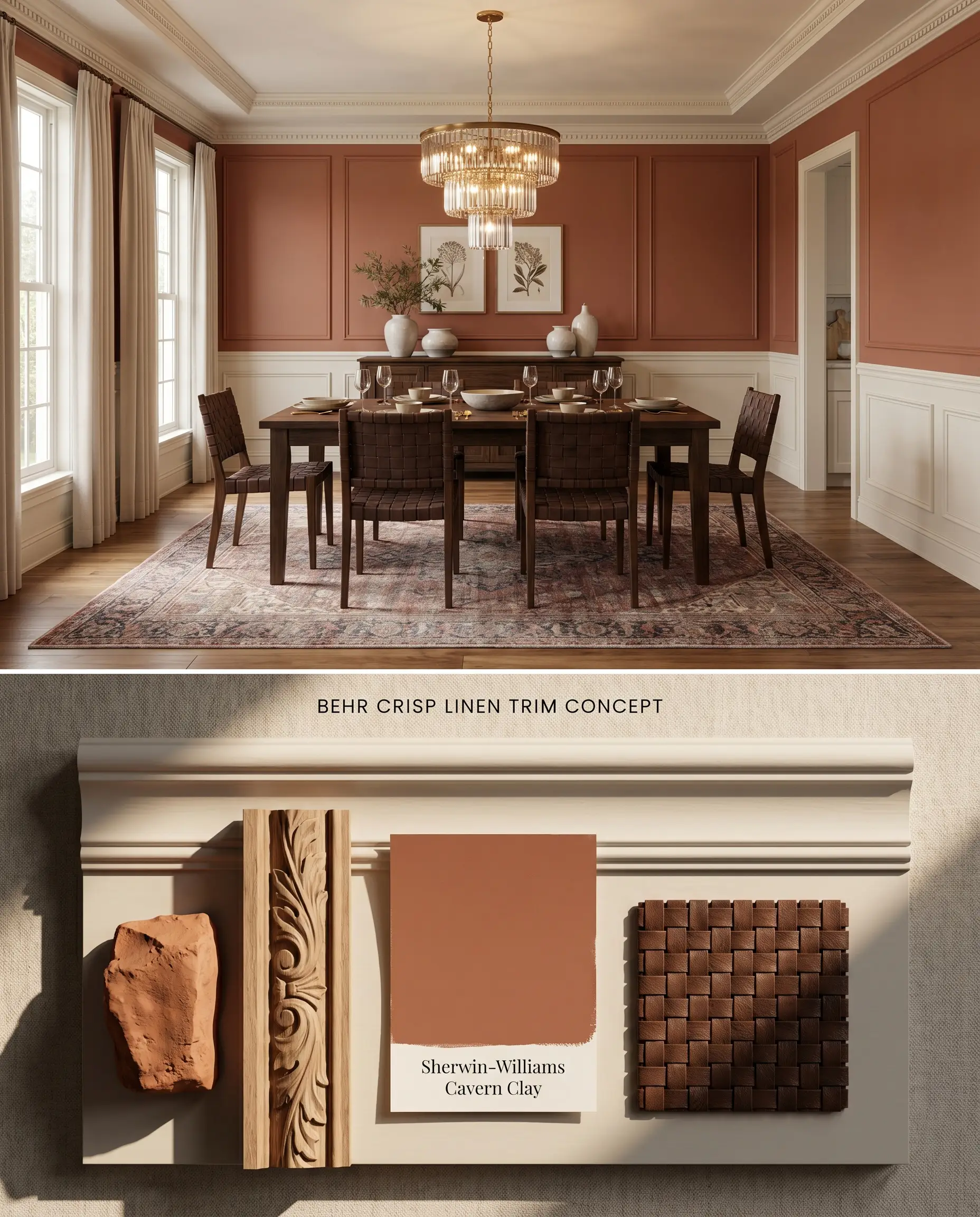 A split digital conceptual board for a dining room featuring deep terracotta walls framed by Behr Crisp Linen trim, above a flat-lay of carved wooden molding and woven leather.