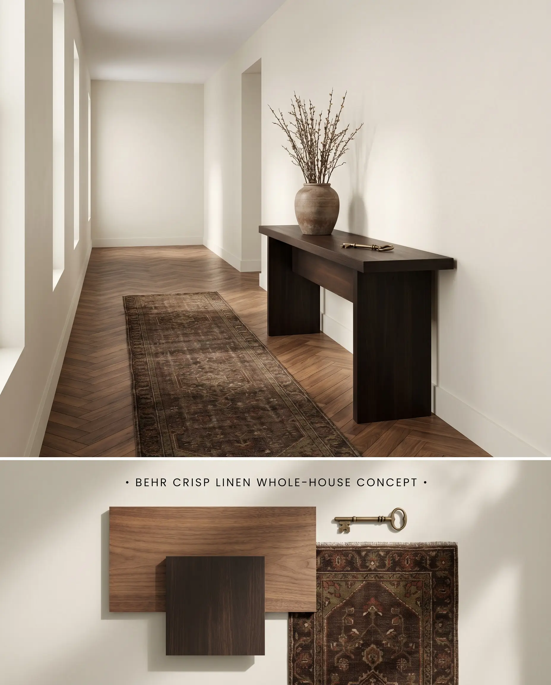 A split digital conceptual board for an expansive hallway painted in Behr Crisp Linen, complemented by a flat-lay of herringbone walnut wood and an antique brass key.