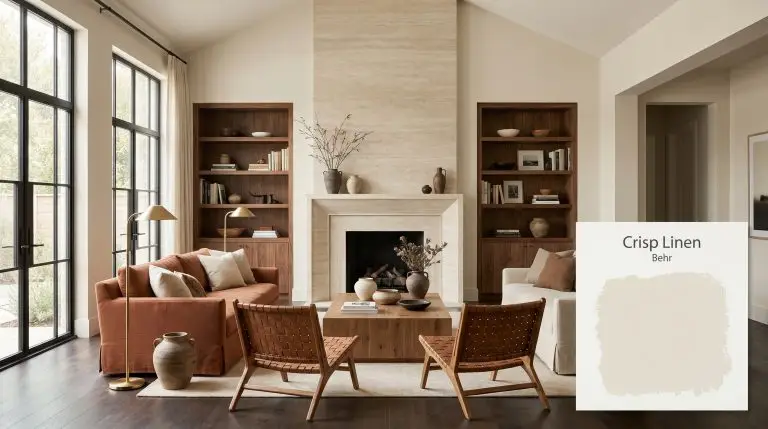 A wide architectural view of a living room painted in Behr Crisp Linen (Hex #E7E1D3), featuring eastern morning light, a travertine fireplace, and walnut millwork.