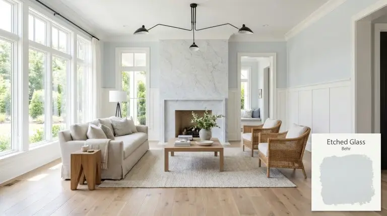 A wide architectural shot of a coastal living room painted in Behr Etched Glass (Hex #dde2e2), featuring white oak flooring, rattan chairs, and Carrara marble.
