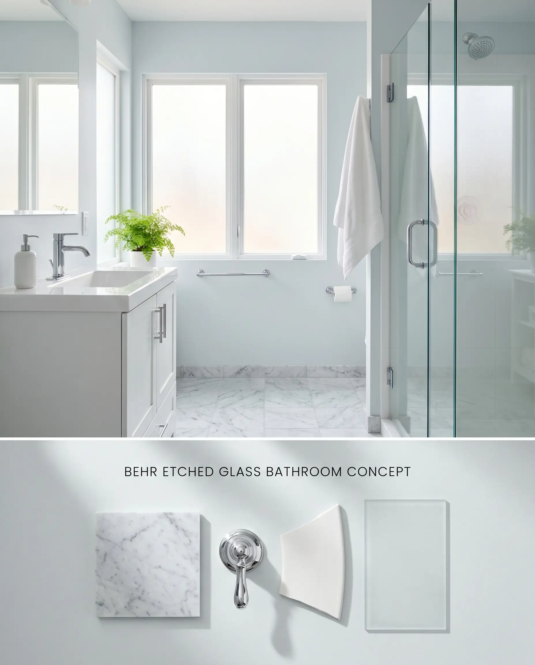 A digital conceptual board for a crisp bathroom showcasing walls in Behr Etched Glass on top, and a flat-lay of Carrara tile and polished chrome below.