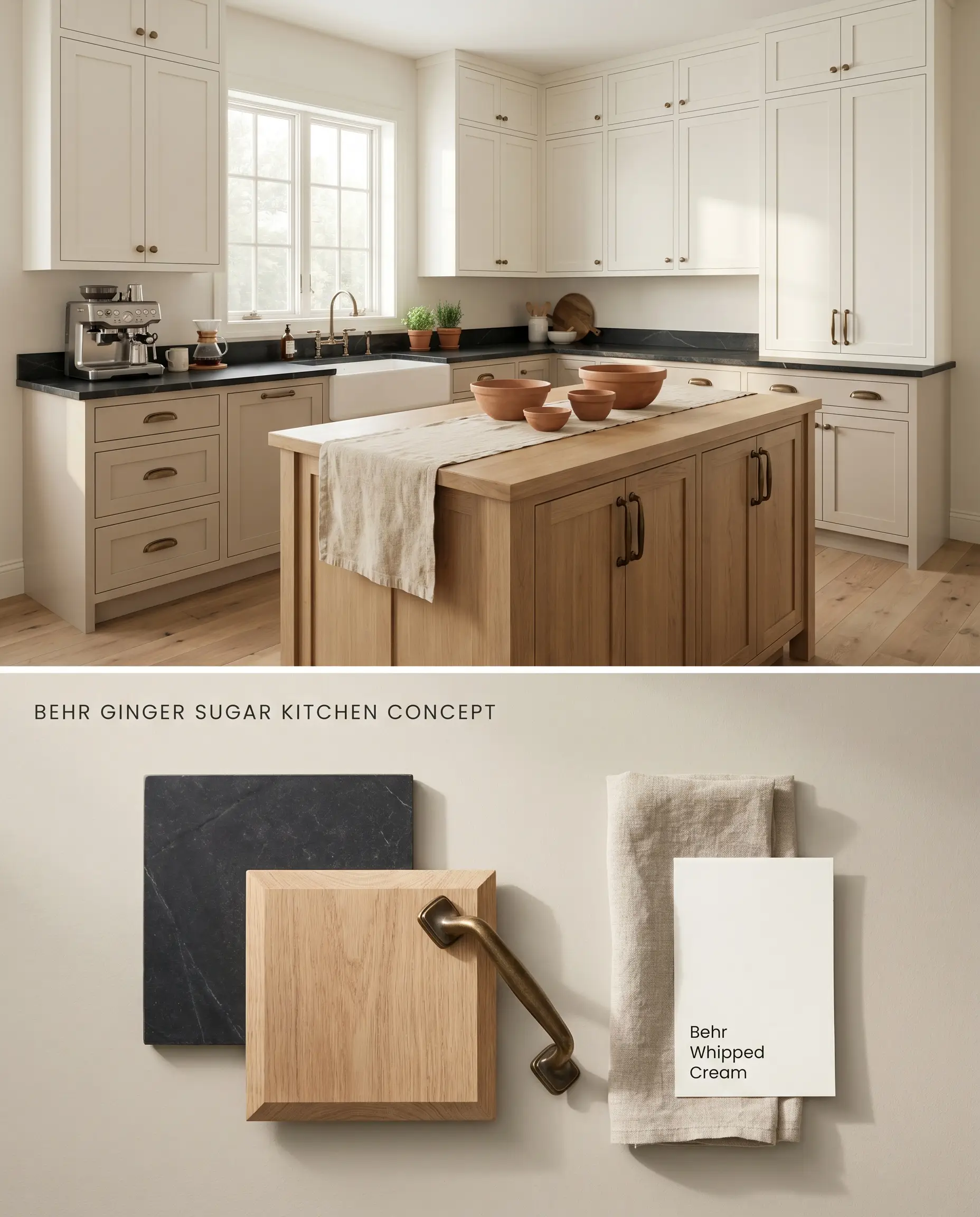 A split digital conceptual board for a kitchen showcasing subdued tint lower cabinets against eastern light, with a bottom section revealing soapstone, oak, and bronze physical materials.