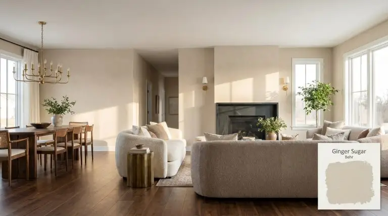 Wide architectural shot of an open-concept living space painted in Behr Ginger Sugar (Hex #dddace), featuring mid-tone walnut floors, boucle sofas, and unlacquered brass fixtures.