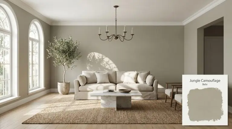 A spacious living room painted in Behr Jungle Camouflage (Hex #aaa794) featuring arched windows, white oak flooring, and a plush oatmeal linen sofa.