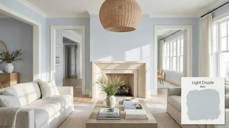 Expansive coastal living room painted in Behr Light Drizzle (Hex #c9d3d7), featuring wide-plank white oak flooring, a tumbled travertine fireplace, and bleached linen seating.