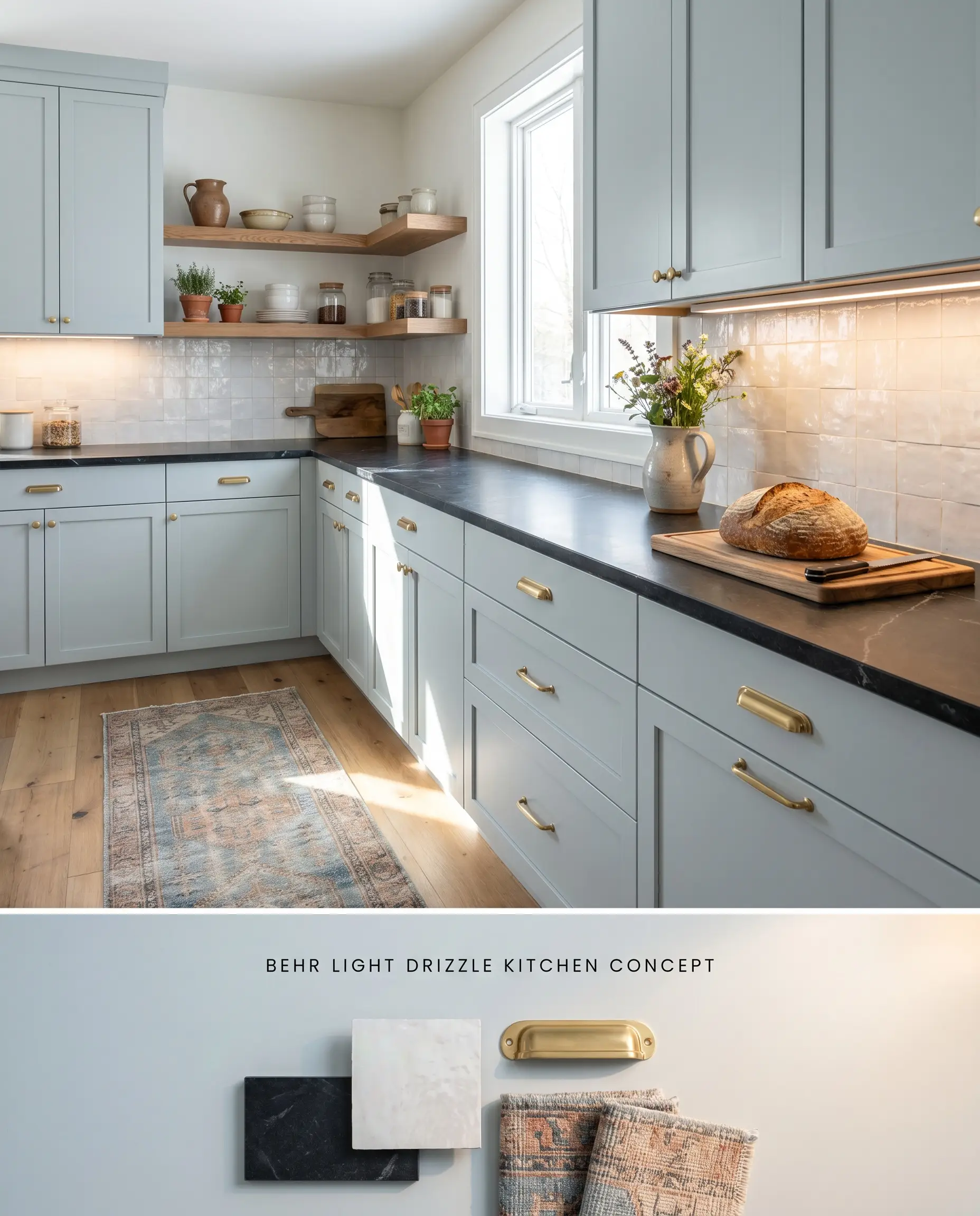 A split digital conceptual board for a kitchen, featuring Behr Light Drizzle cabinetry above a flat-lay of honed black soapstone, Zellige tile, and unlacquered brass.