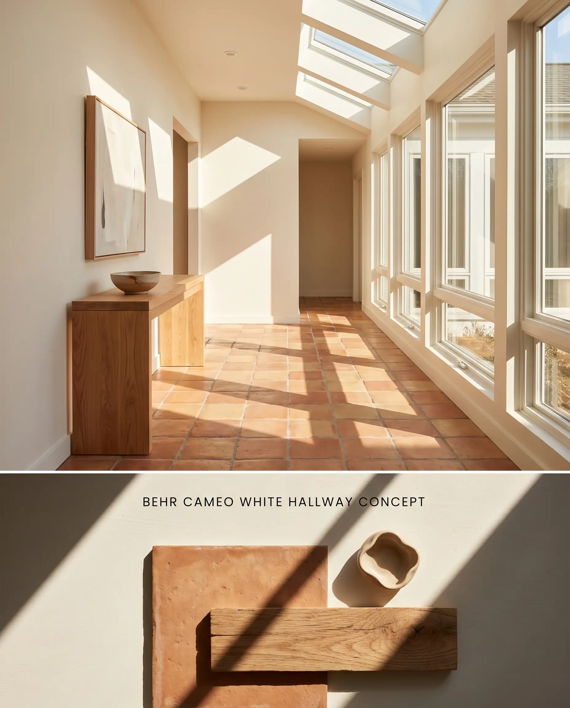 Featuring a split digital conceptual board for a transitional hallway, the visualization combines warm off-white walls with a terracotta tile floor, red oak console, and coordinating physical textures.