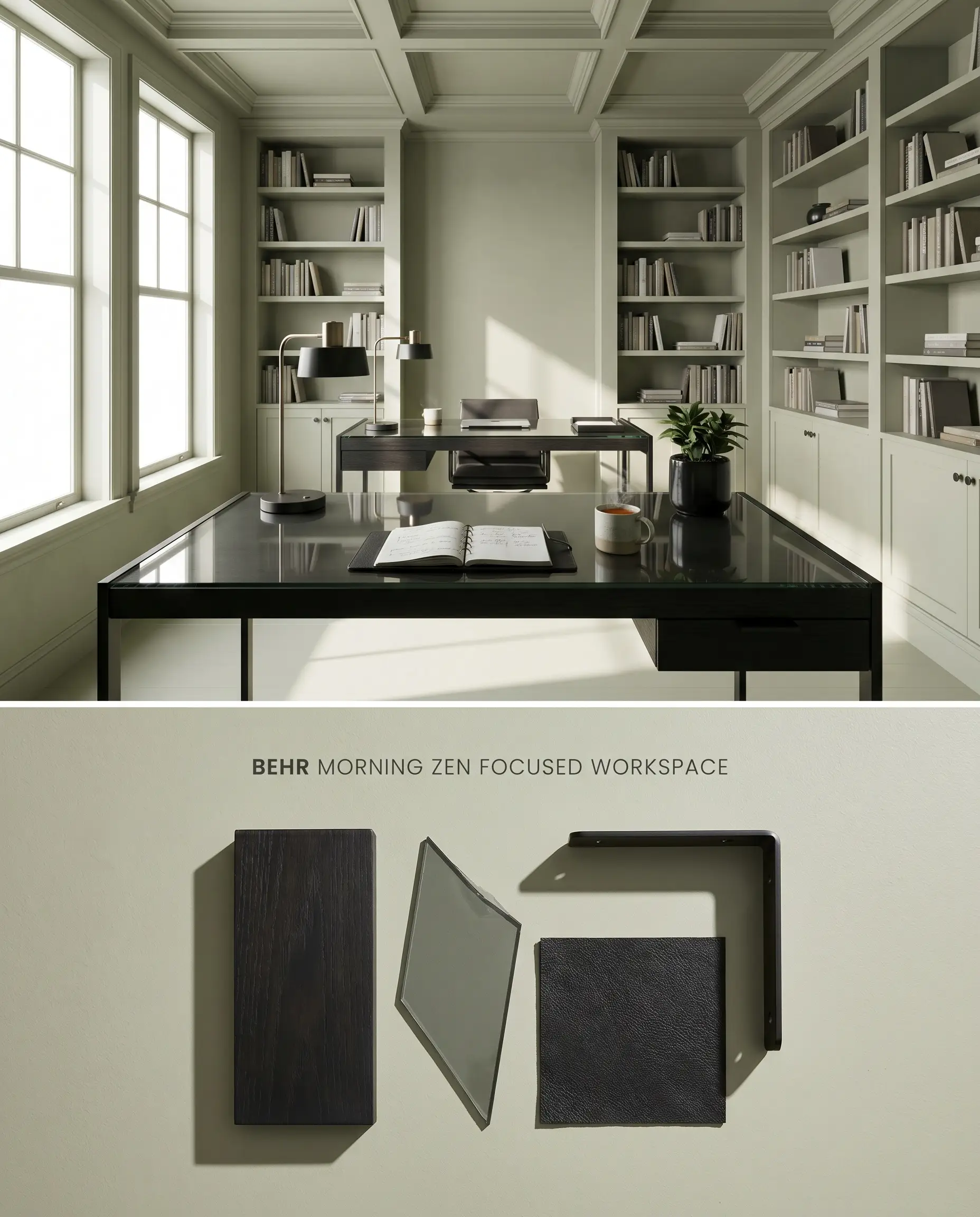 A split digital conceptual board showing a home office completely color-drenched in Behr Morning Zen on top, and a flat-lay of ebonized oak and smoked glass below.