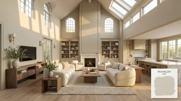 An overarching open-concept living room featuring a focal fireplace wall painted in Behr Morning Zen (Hex #cbcdb9), paired with bleached walnut furniture and cream boucle sofas.