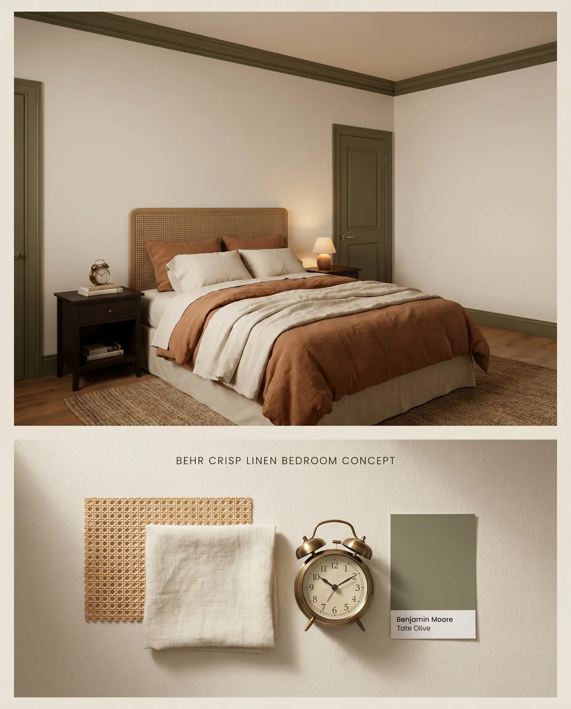 A split digital conceptual board for a windowless bedroom featuring Behr MQ3-13 walls and olive trim, above a flat-lay of woven cane and textured ivory linen.