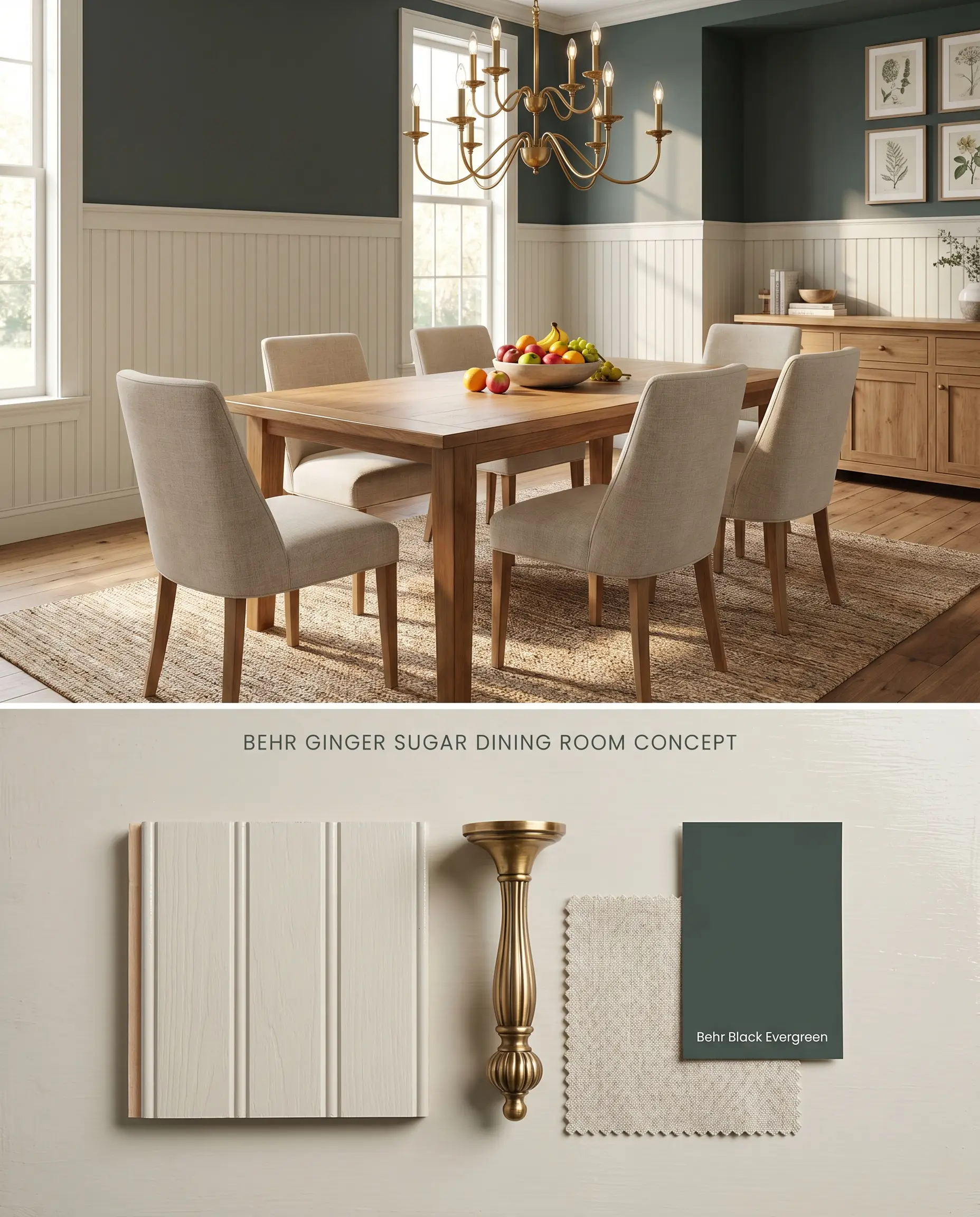 A split digital conceptual board for a dining room contrasting a subtle greige beadboard wainscoting against dark green upper walls, grounded by physical brass and linen samples below.