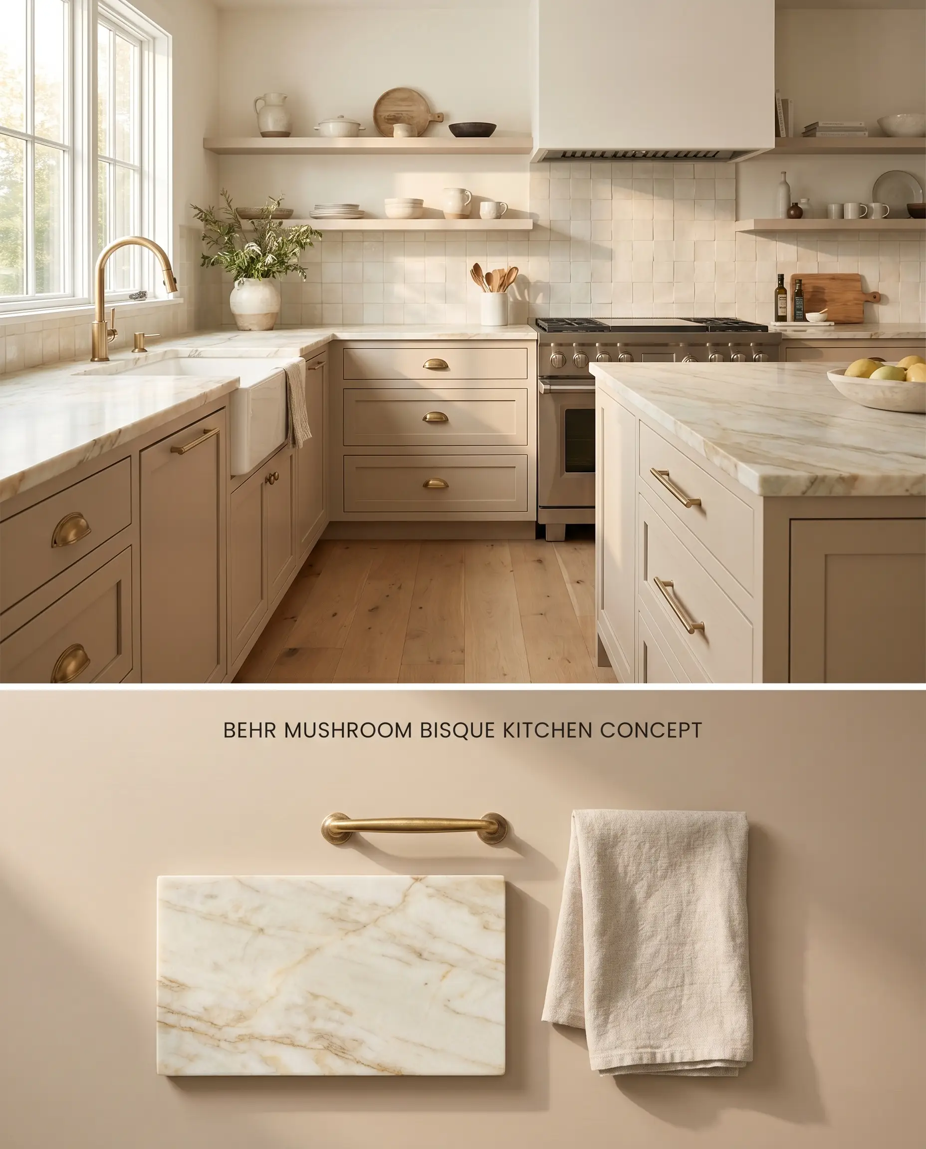 A split digital conceptual board presenting Behr Mushroom Bisque on kitchen base cabinetry with Taj Mahal quartzite countertops on top, and a flat-lay with aged brass and linen samples below.