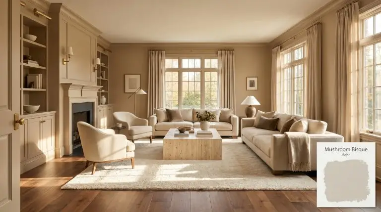 A photorealistic wide shot of a living room painted in Behr Mushroom Bisque (Hex #cab49b), featuring warm walnut flooring, unlacquered brass hardware, and a travertine coffee table in bright Southern sunshine.