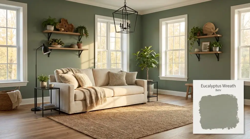 Natural oak flooring and a cream linen sofa anchor this sunlit living room featuring walls painted in Behr Eucalyptus Wreath (Hex #88927e).