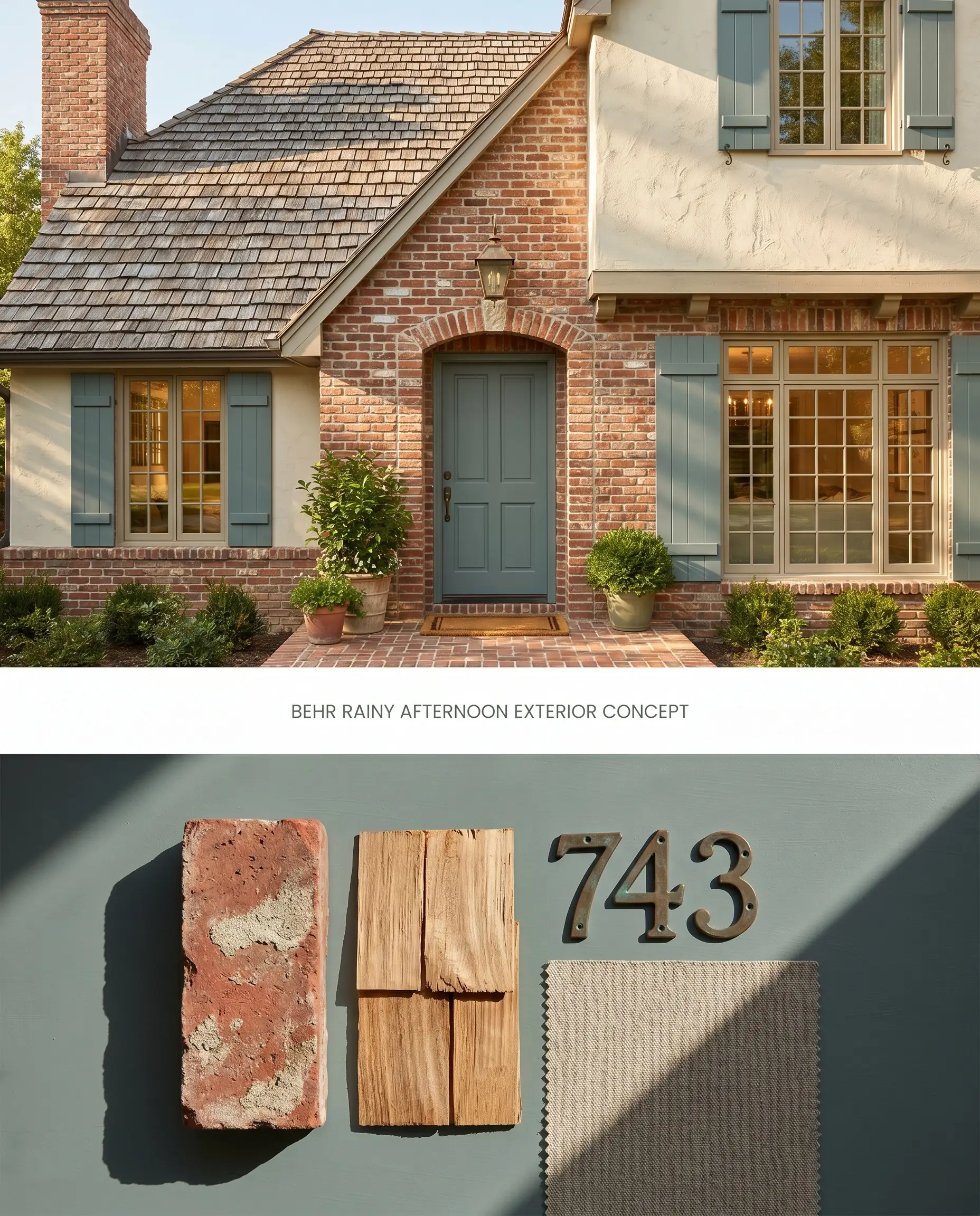 A split digital conceptual board displaying a house facade with slate green front door and shutters above, and physical red brick and cedar shakes below.