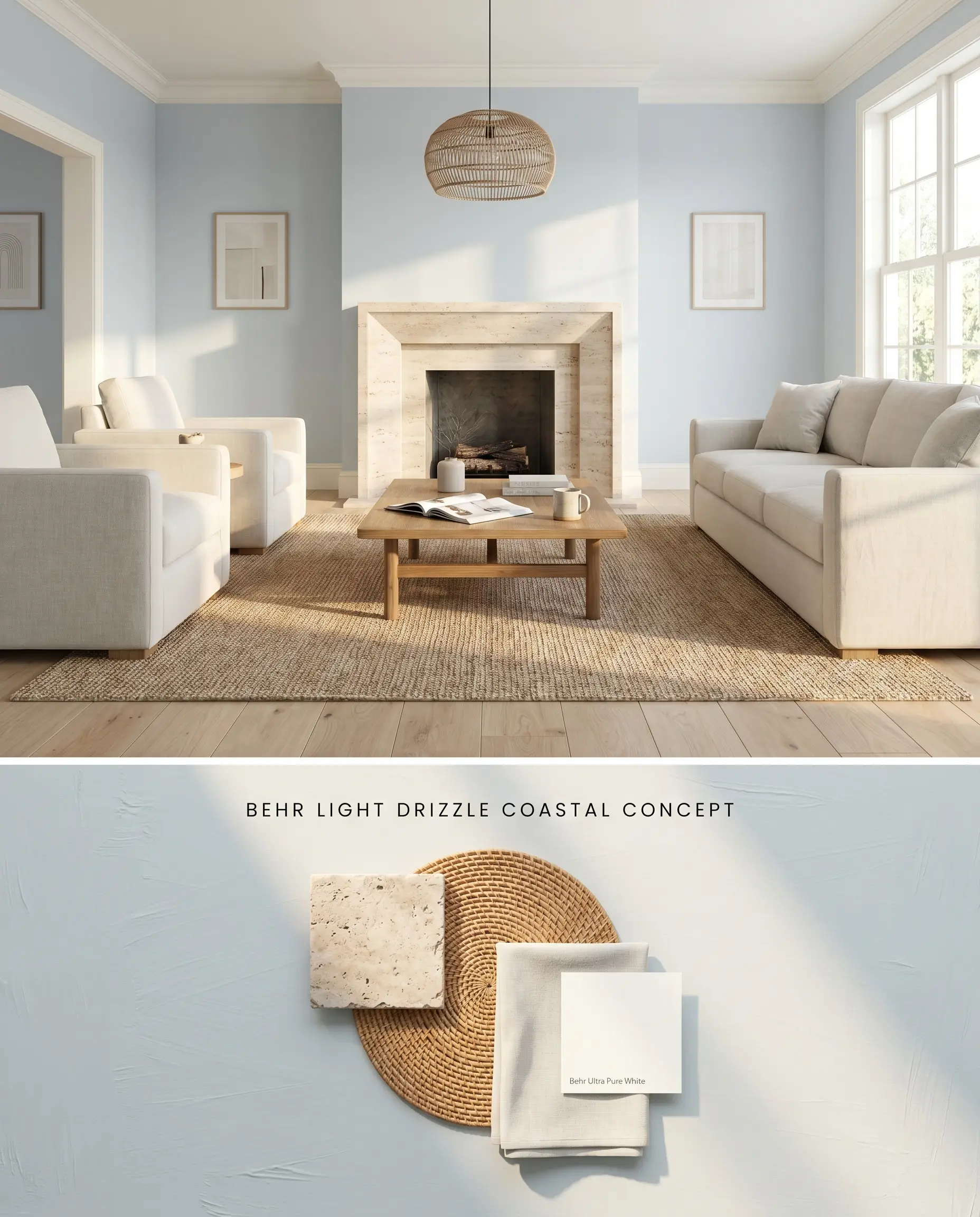 A split digital conceptual board for a coastal living space, displaying a cool-toned paint above a textured flat-lay of travertine, rattan, and bleached linen.