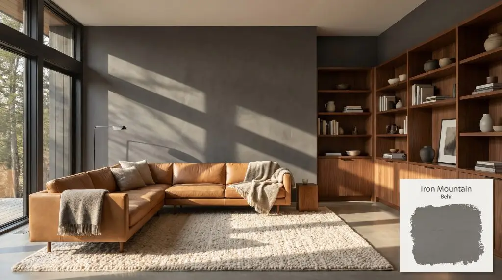 A low-profile leather sofa and warm walnut shelving sit before a striking accent wall painted in Behr Iron Mountain (Hex #757574).