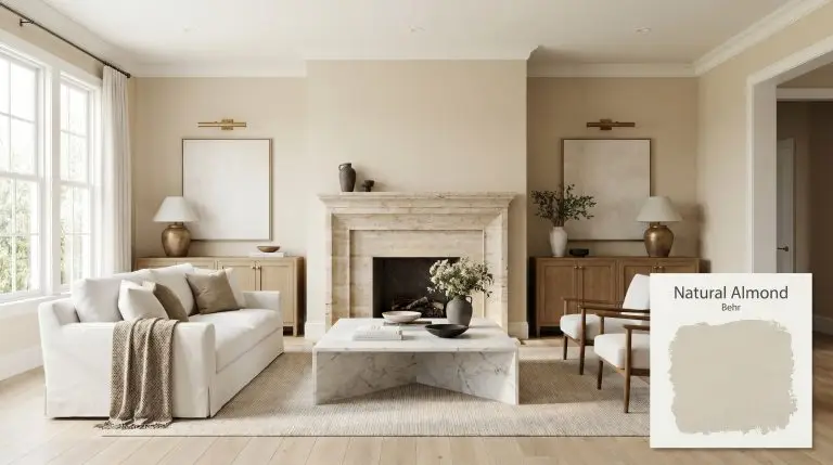 A photorealistic architectural wide shot of a transitional living room painted in Behr Natural Almond (Hex #ded2bb), featuring a tumbled travertine fireplace and white oak flooring.