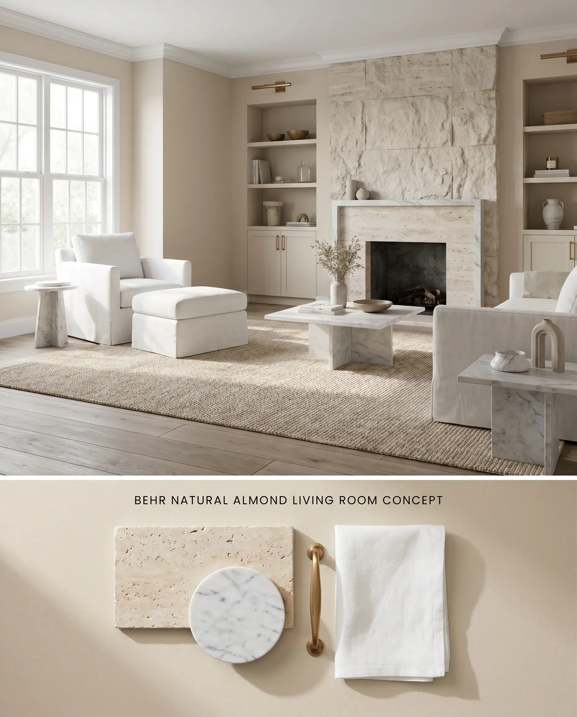 A split digital conceptual board for a cozy living space featuring a creamy tan room on top and physical materials like tumbled travertine and honed marble on the textured bottom.