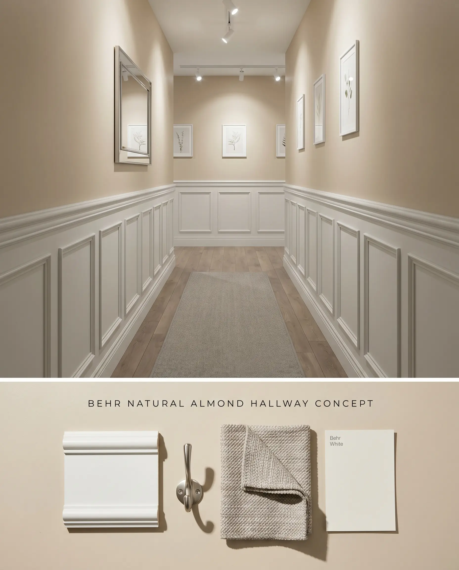 A split digital conceptual board for a windowless entryway displaying a peachy undertone upper wall section over a textured bottom featuring white wainscoting molding and sleek metal hooks.
