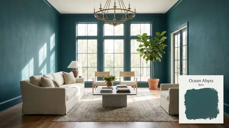 A photorealistic expansive living room painted in Behr Ocean Abyss (Hex #2a565b) featuring floor-to-ceiling windows, light walnut floors, and a cream linen sofa.