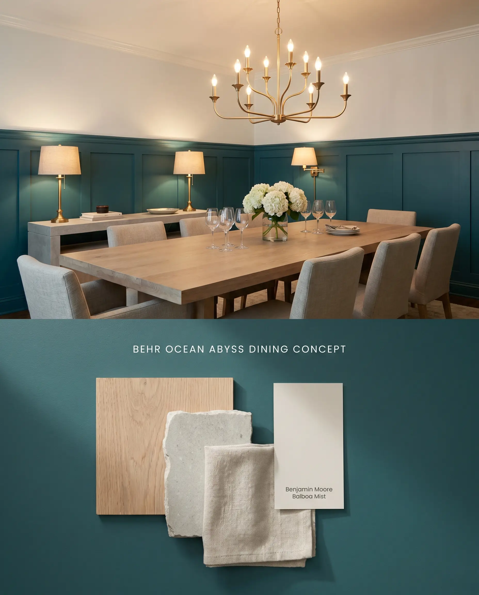 A composite conceptual board featuring a formal dining room with jewel-toned lower wainscoting above, paired with a bleached oak sample and neutral textiles on the bottom section.