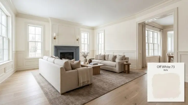 A photorealistic suburban living room featuring matte European white oak flooring, a soapstone fireplace, and walls painted in Behr Off White 73 (Hex #e7e2d2).