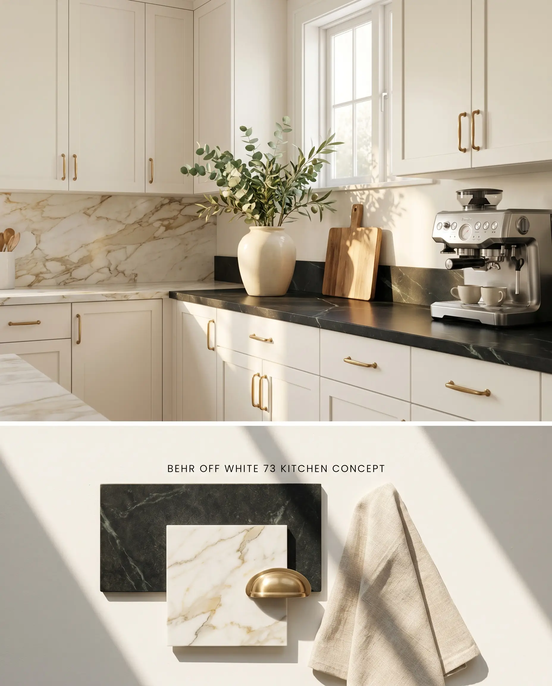 Showcasing a split digital conceptual board for a culinary space, featuring kitchen cabinetry painted in Behr Off White alongside marble and soapstone samples.