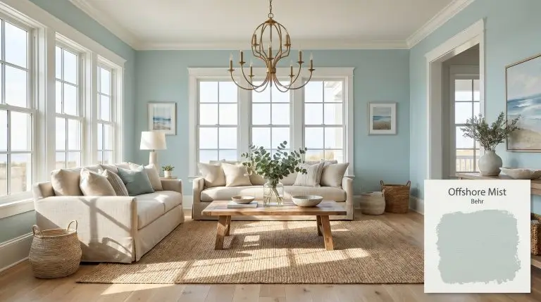 A wide architectural shot of a coastal living room painted in Behr Offshore Mist (Hex #cad8d8), featuring light oak floors, white trim, and a woven jute rug.