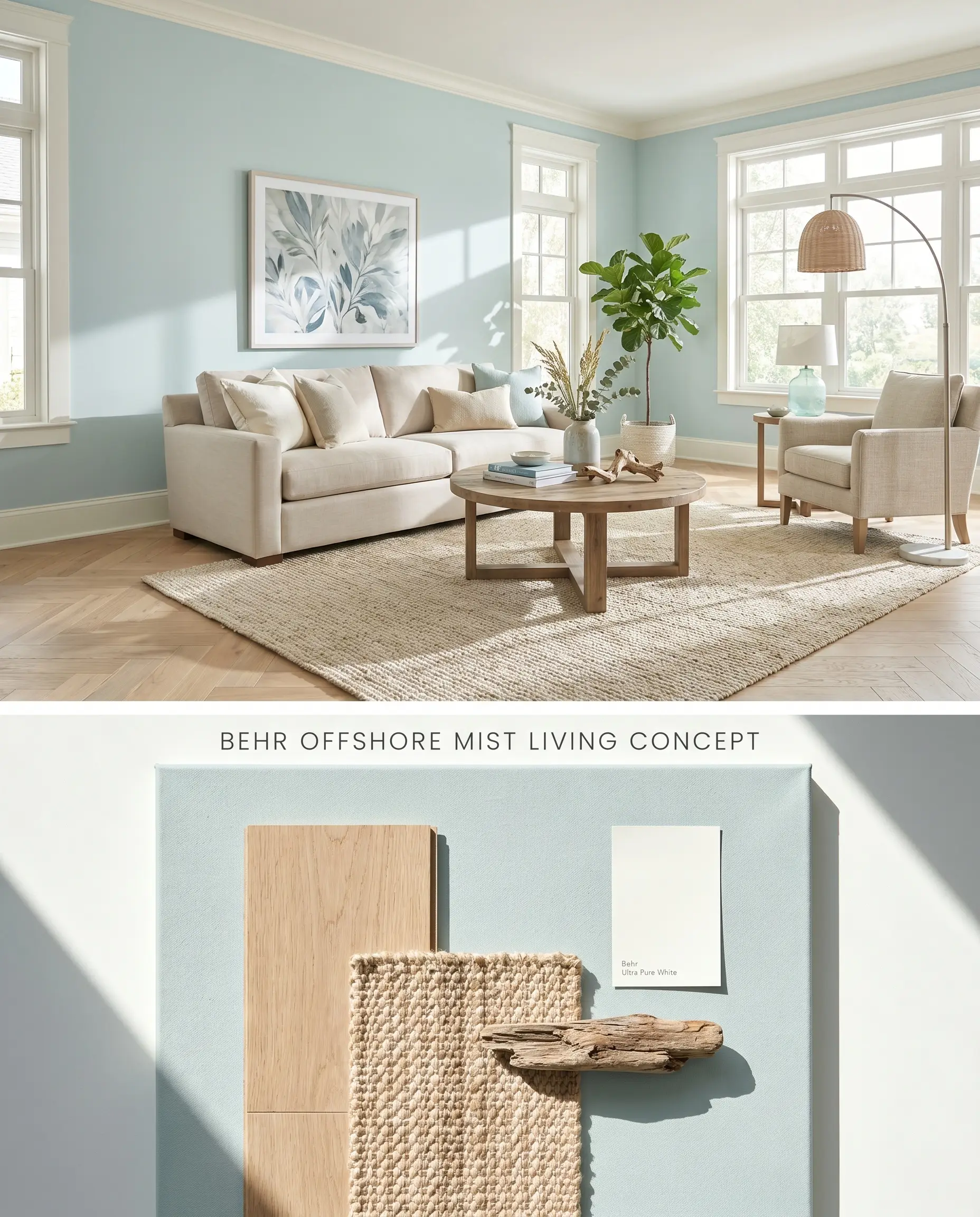 A split conceptual graphic for a living room painted in Behr Offshore Mist, showing a sunlit open-concept space above and an oak flooring flat-lay below.