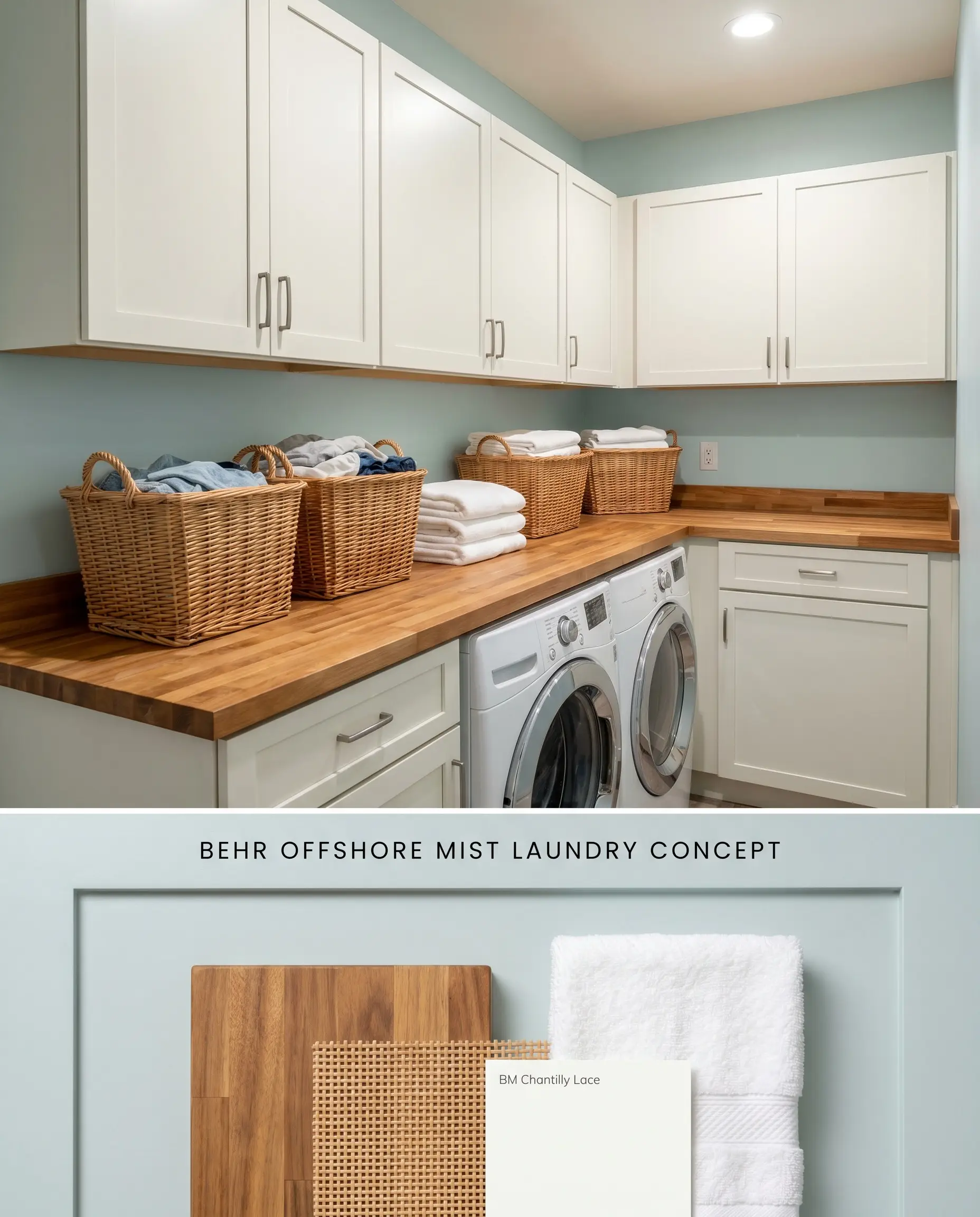 A two-part digital layout for a utilitarian laundry space, displaying a cool-toned room with butcher block countertops above and a woven rattan flat-lay below.