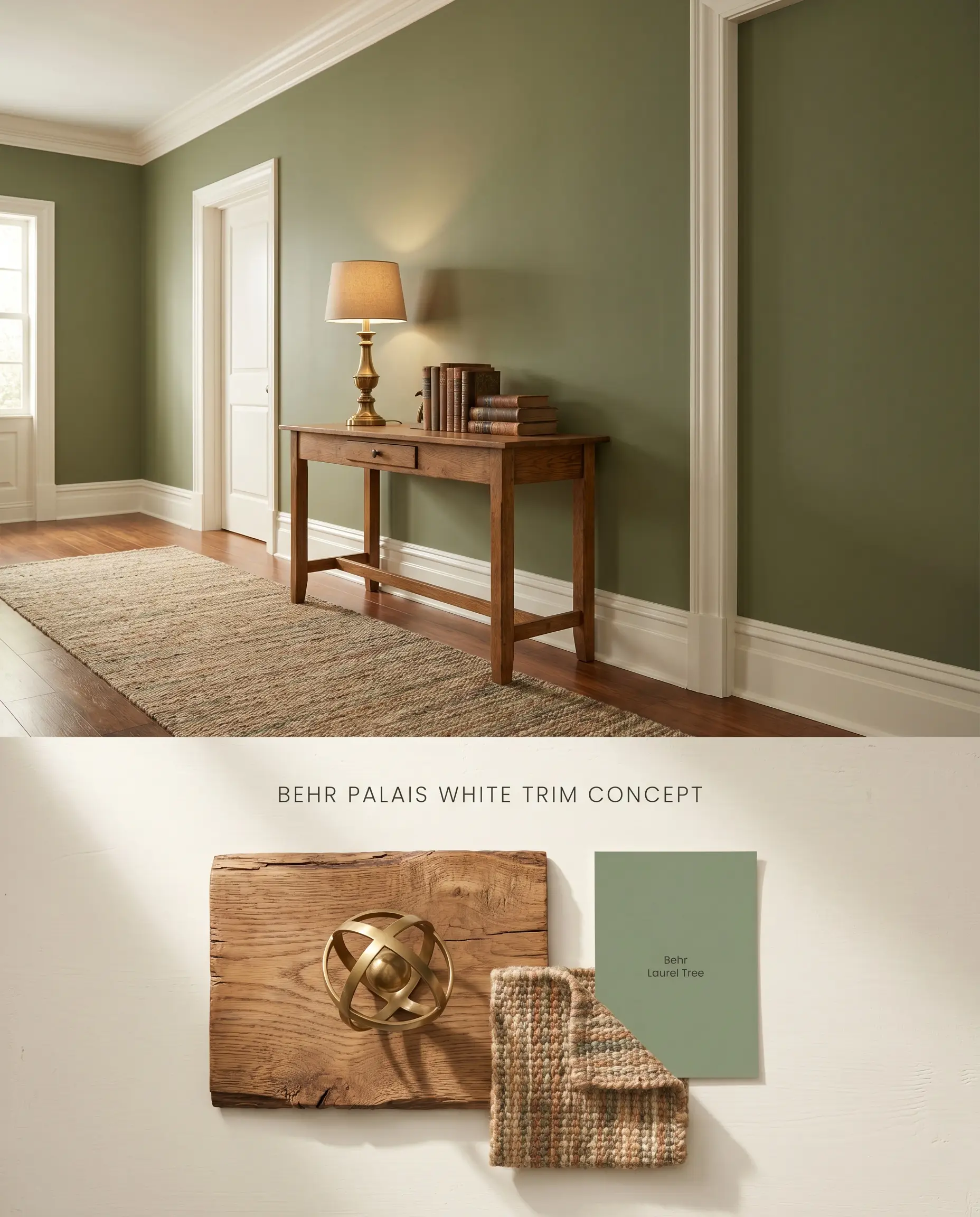 A split digital conceptual board displaying a creamy off-white architectural finish on thick crown molding above a textured flat-lay of vintage oak and brass hardware.