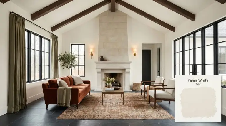 A photorealistic open-concept living space painted in Behr Palais White (Hex #f4f0e5), featuring a honed limestone fireplace and dark slate flooring.