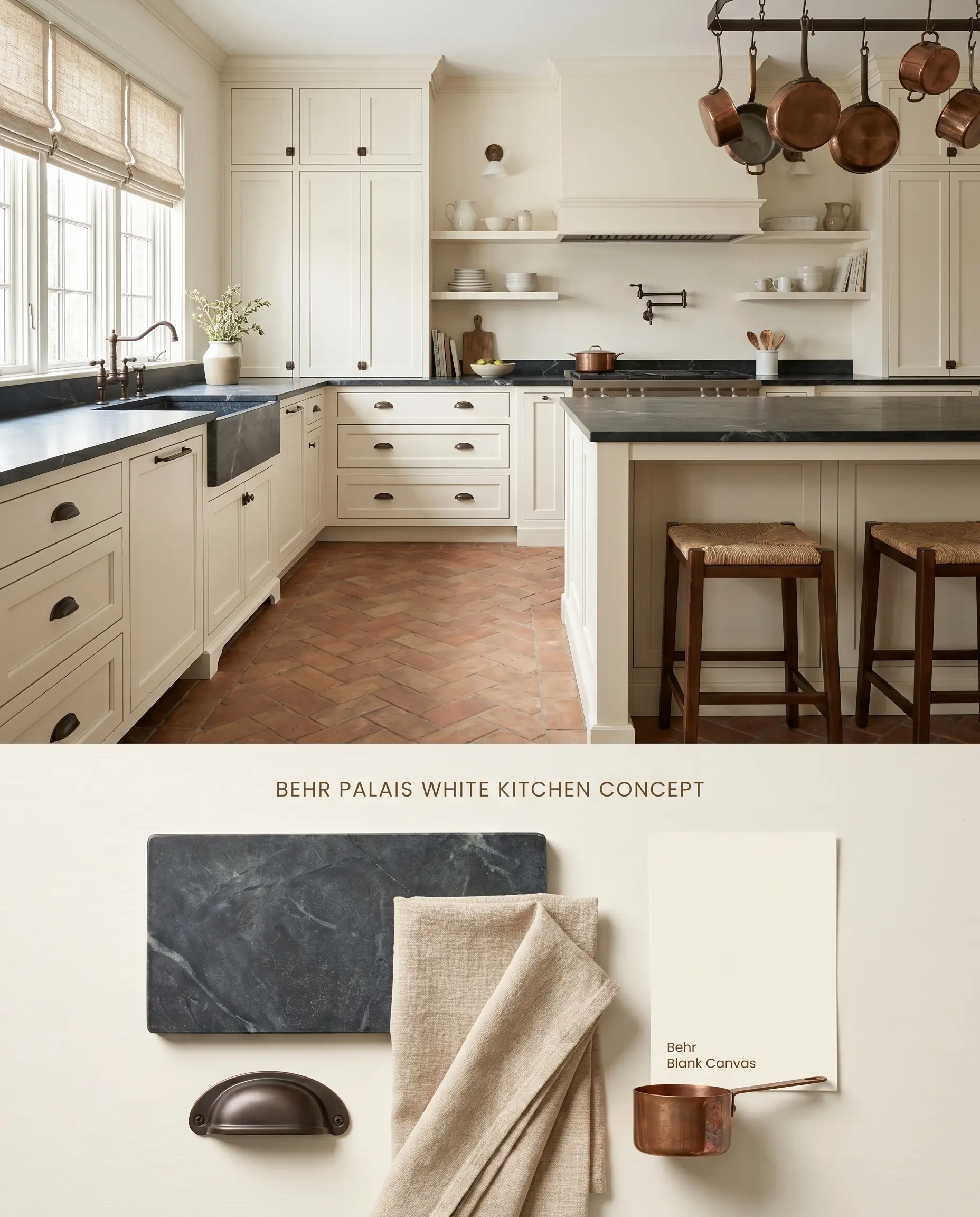 A split digital conceptual board showcasing Behr Palais White kitchen cabinets over a textured flat-lay of honed soapstone, oil-rubbed bronze hardware, and terracotta tiles.