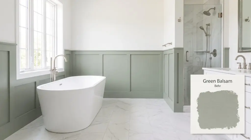 White marble floor tiles and a freestanding soaking tub complement crisp wainscoting painted in Behr Green Balsam (Hex #a0ac9e) under bright daylight.