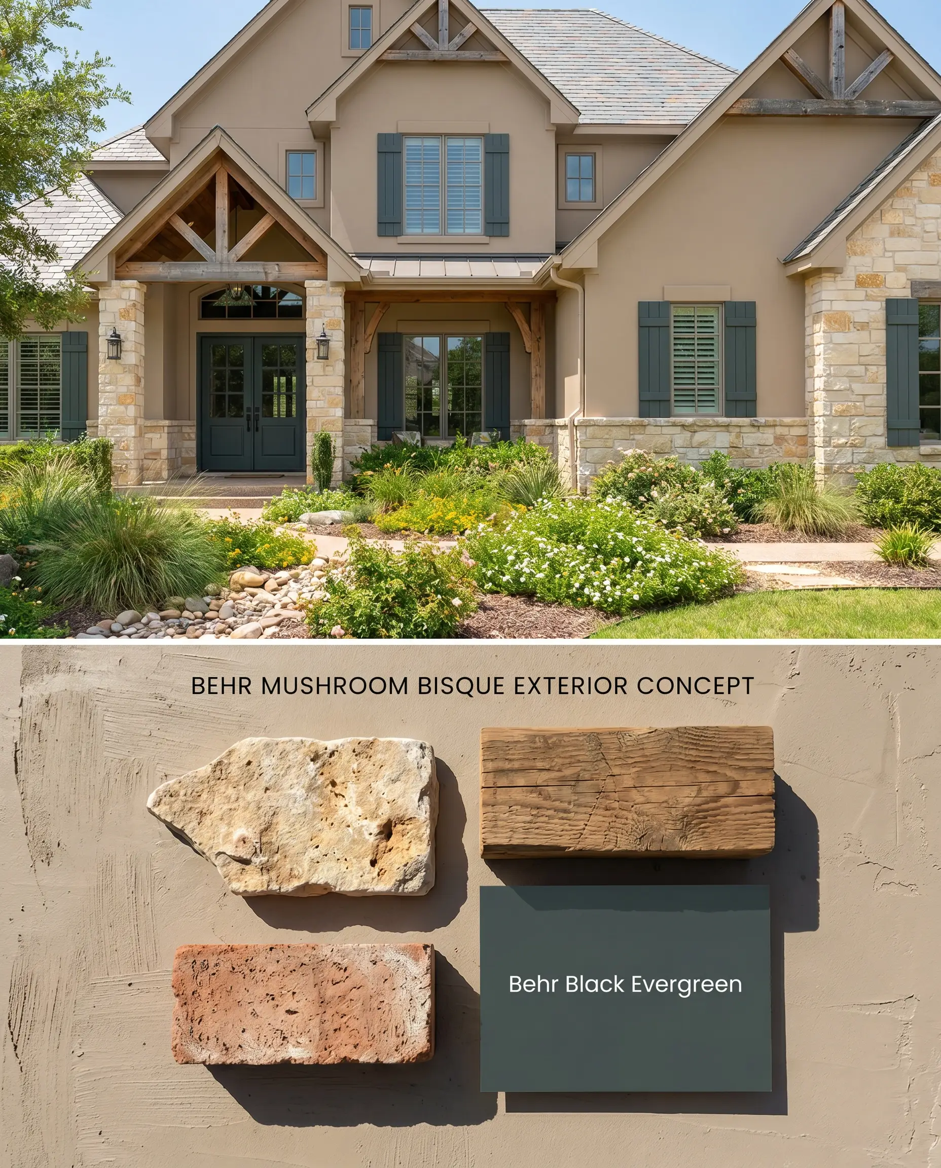 A split digital conceptual board displaying a tan paint color on an exterior facade with tumbled limestone cladding on top, and a matching textured flat-lay with rustic timber and dark green shutter samples below.