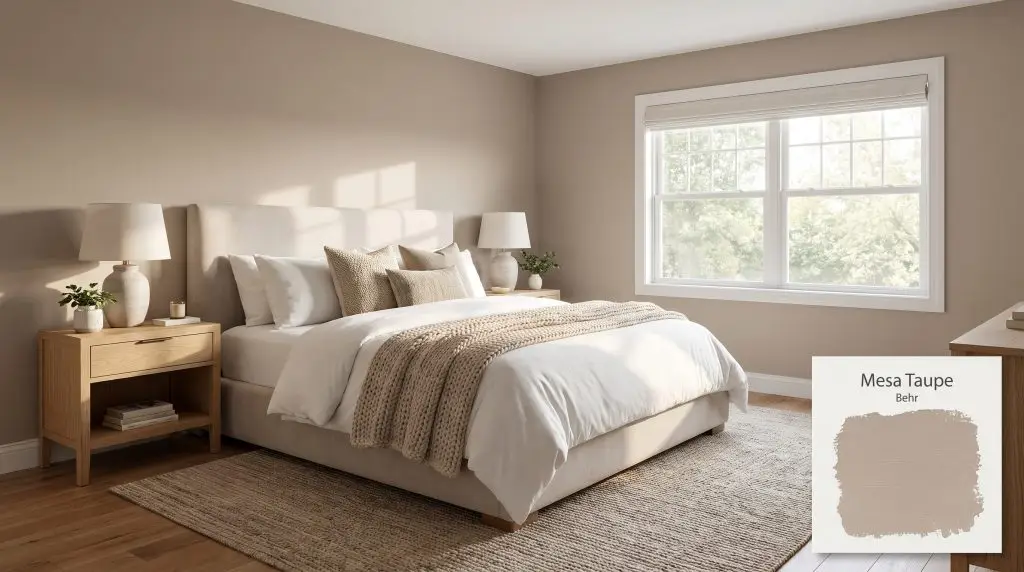 Crisp white linens on a plush upholstered bed complement walls painted in Behr Mesa Taupe (Hex #b8a899) alongside light oak nightstands.