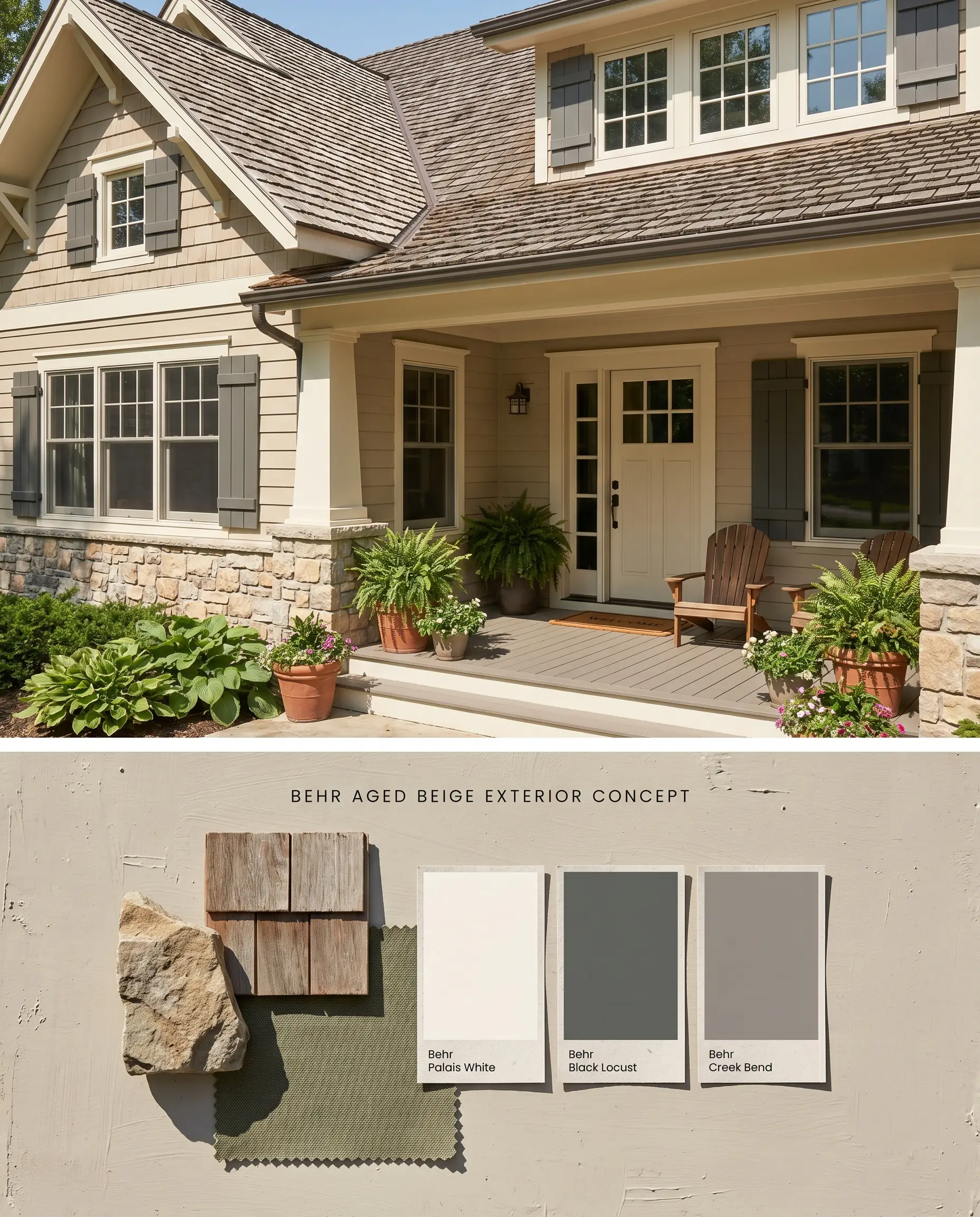 A split digital conceptual board displaying a traditional beige heritage craftsman exterior above a textured bottom section with natural stone, cedar shake, and canvas.