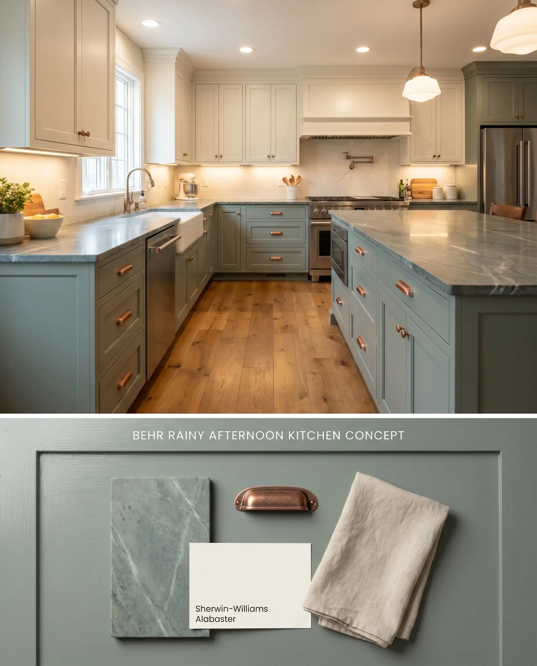 A split digital conceptual board highlighting lower kitchen cabinetry painted in Behr Rainy Afternoon on top, grounded by honed soapstone and aged copper below.