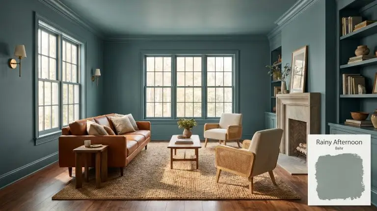 A photorealistic architectural wide shot of a living room color-drenched in Behr Rainy Afternoon (Hex #889a95), featuring walnut floors, cognac leather, and unlacquered brass.