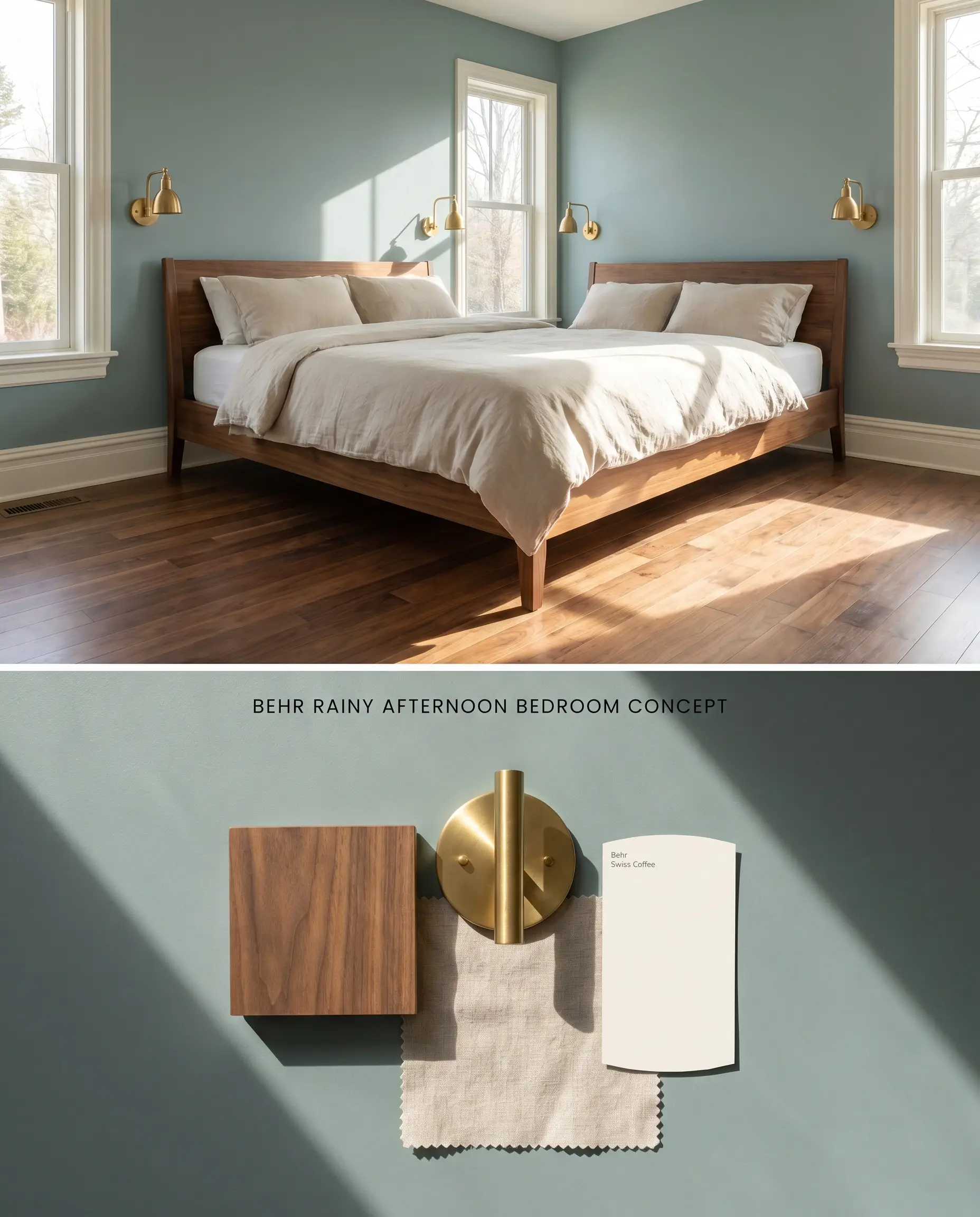 A split digital conceptual board showcasing a slate green bedroom illuminated by southern sunshine on top, and physical walnut, linen, and brass materials below.