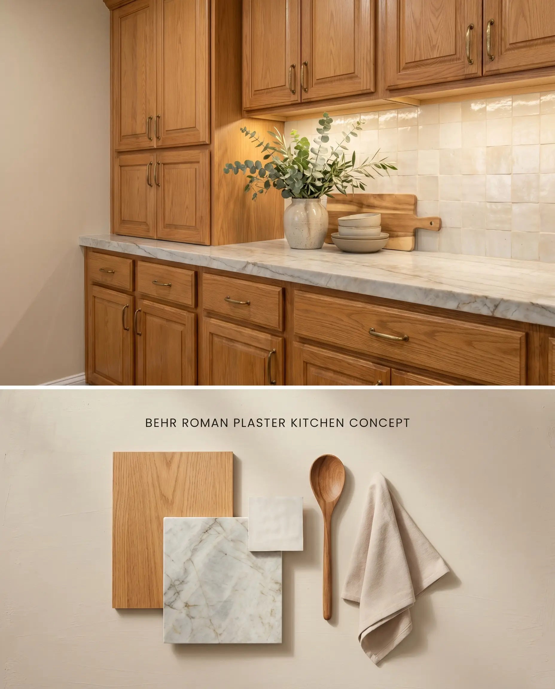 A split digital conceptual board displaying a kitchen with a creamy beige wall color above 90s honey oak cabinets, grounded by physical quartzite stone and zellige tile samples below.