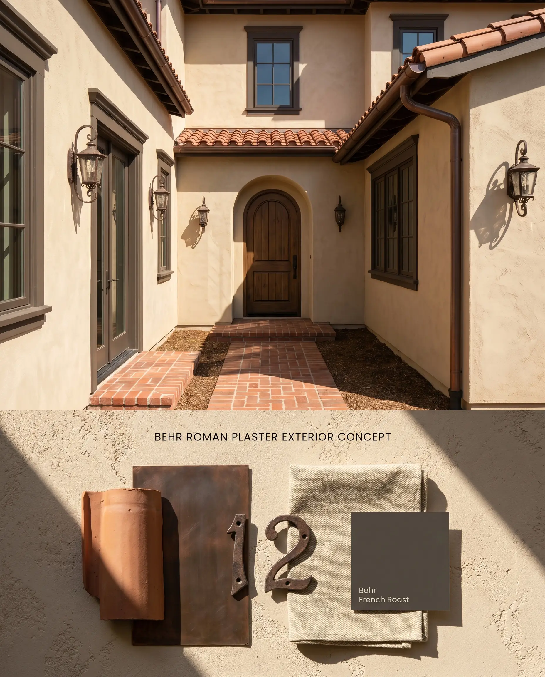 A split digital conceptual board for a Mediterranean exterior painted in Behr Roman Plaster, featuring sun-baked stucco walls on top and a flat-lay of terracotta roof tiles and copper gutters below.
