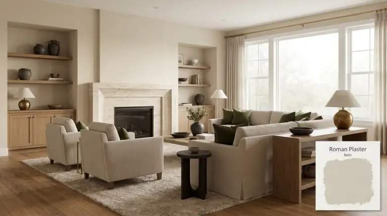 A photorealistic wide shot of an open-concept living space painted in Behr Roman Plaster (Hex #ddd2bf), featuring warm wood floors and a tumbled travertine fireplace.