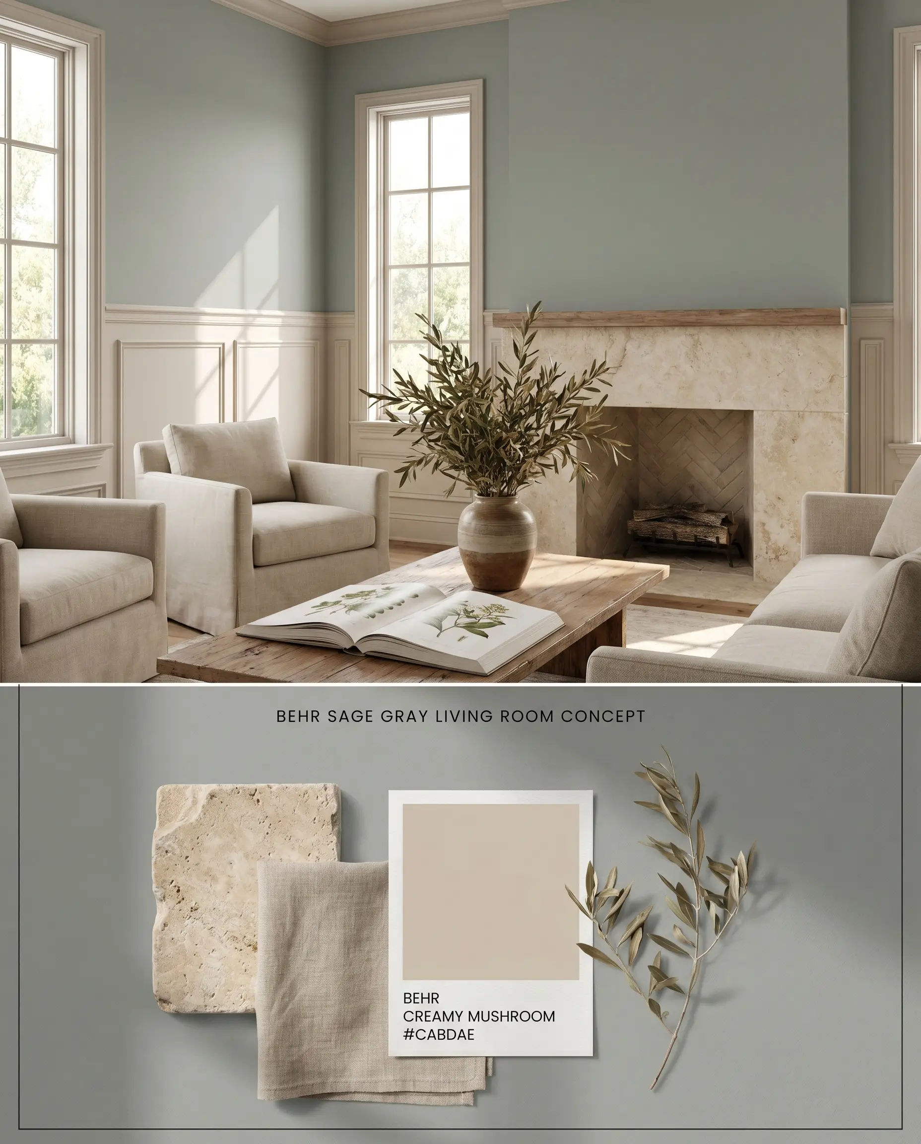 A split digital conceptual board for a living room showcasing upper drywall painted in Behr Sage Gray above tall wainscoting, with a textured material flat-lay of tumbled limestone and matte linen below.