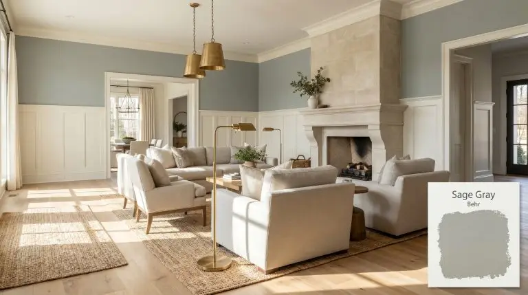 A wide architectural shot of a transitional living room painted in Behr Sage Gray (Hex #9ea49d), featuring creamy white wainscoting, a tumbled limestone fireplace, and natural white oak flooring.